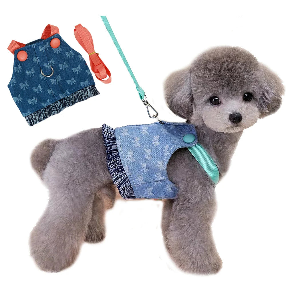 New Dog Harness and Leash Set for Small Dogs, Dark Wash Denim Puppy Dog Vest Harness Tassels Pet Jeans Butterfly Harness