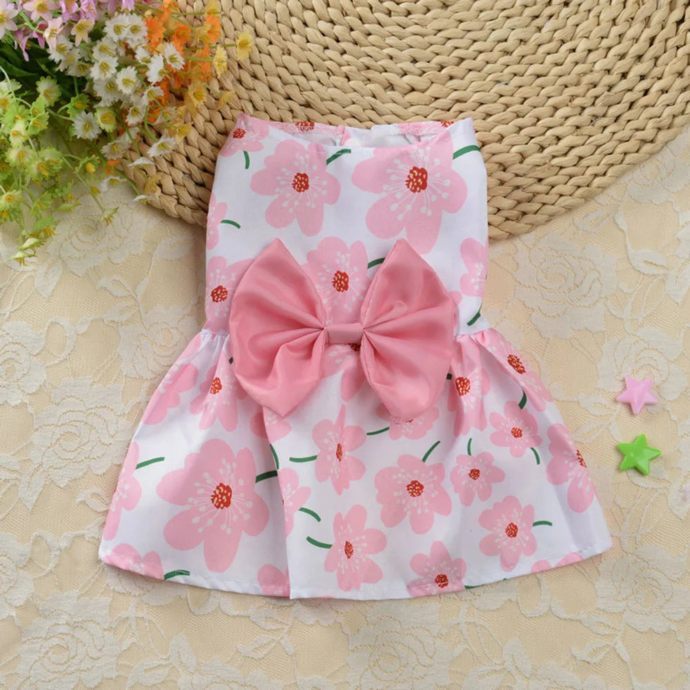Dog Princess Dress Cute Print Puppy Dresses with Bowknot Sweet Cat Skirt Summer Thin Pet Wedding Party Chihuahua Doggies Clothes