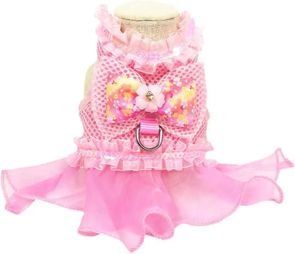 Dog Bow Dress Harness Leash Set for Small Medium Dogs Breathable Mesh Pet Tulle Skirt with Sequins Luxury Design Dog Clothes