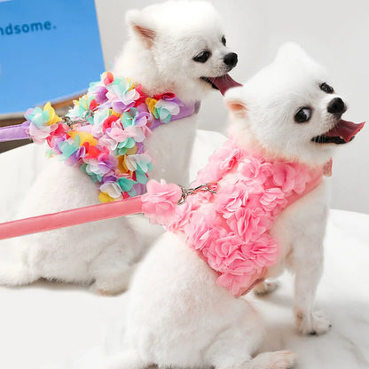 Pink Flower Puppy Harness Mesh Breathable Small Girl Dog Cat Vest Harness Cute Doggy Lace Dress Harness with Leash for Walking