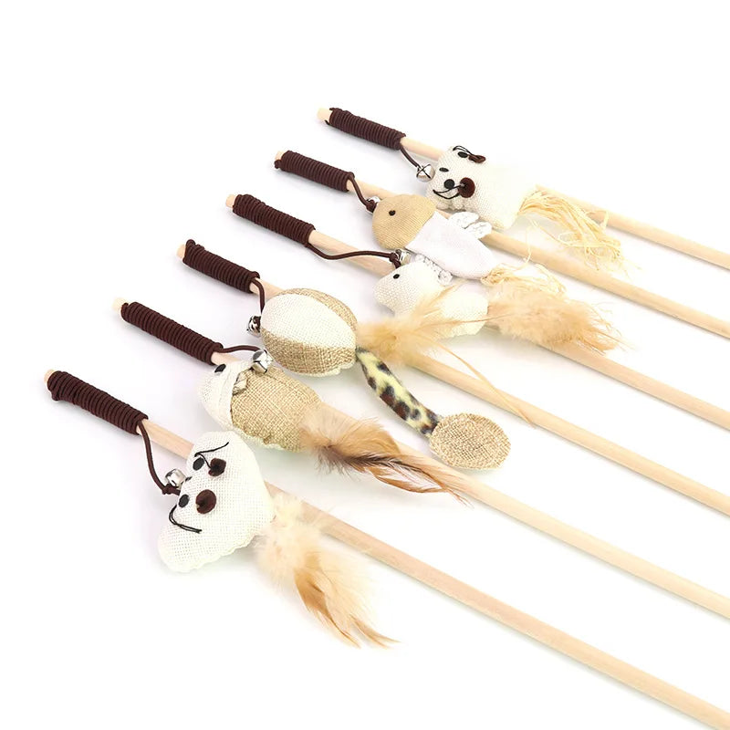 Cat Teaser Wand Toy Feather Butterfly Mouse Cat Fishing Rod Toys Wooden Interactive Kitten Toys For Indoor Cats Ball With Catnip