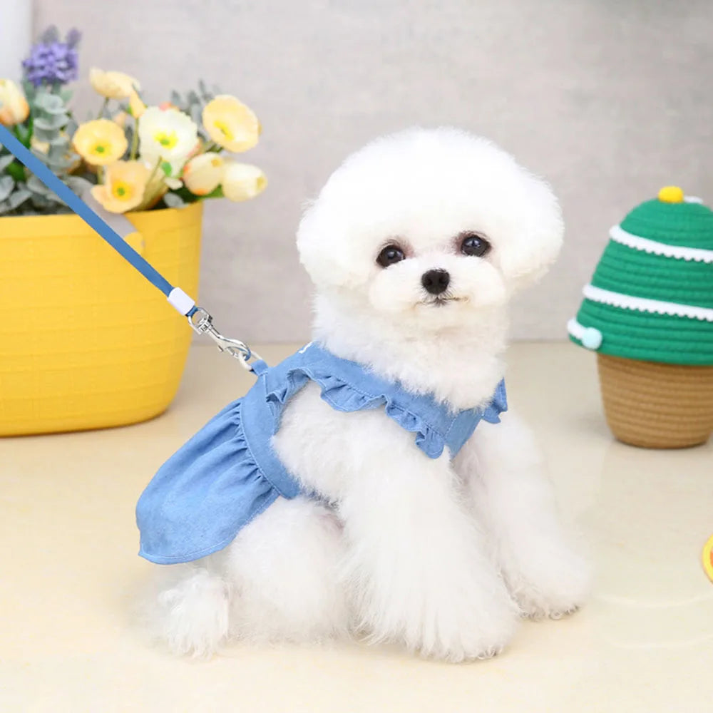 Dog Dress for Small Dogs Girl Clothes Dog Denim Dress Puppy Skirts Summer Pet Dress with Harness Hole for Small Medium Dogs Cats
