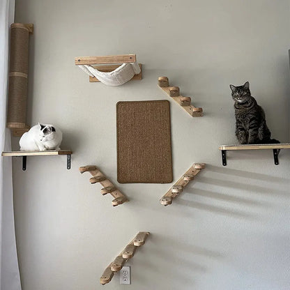 Cat Tree Cat Wall Mounted Climbing Wooden Shelves Posts Ladders with Hammock and Cat House Cat Bridge for Kittens Perch Sleeping