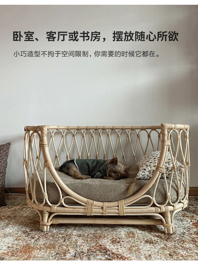 Japanese ins natural rattan dog cat pet bed teddy kennel princess bed summer removable cage