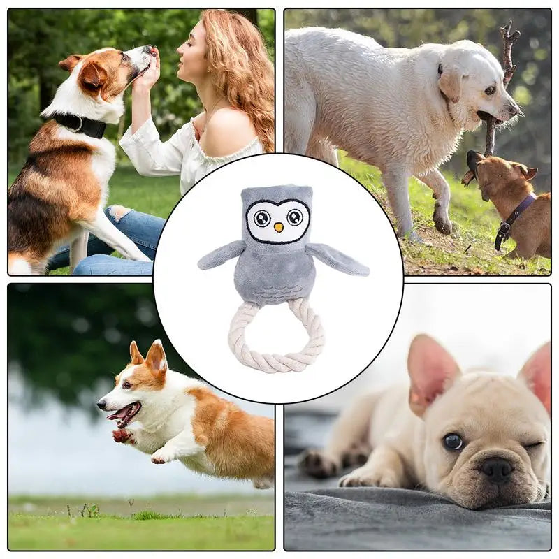 Dog Squeak Toys Owl Design Stuffed Dog Toys Durable Rope Plush Chew Fetch Brain Stimulating Toy Squeaky Pet Interactive Toy