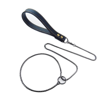 Integrated Dog Slip Chain Collar Leash 304 Stainless Steel Dog Metal Choke Collar Pet Training Leash Show with Leather Handle
