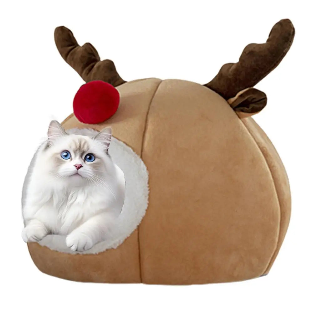 Christmas Winter Cat Cave Bed Dog Tent Christmas Reindeer Tent Washable Removable Cushion for Indoor Small Dogs And Cats