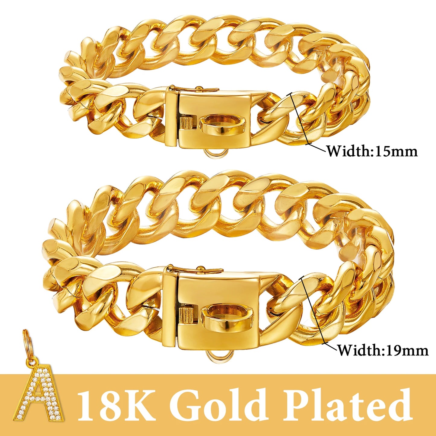 15/19mm Wide Solid Cuban Link Chain Gold Dog Chain Collar with Pendant A Strong Stainless Steel Chew Proof Collars for Large Dog