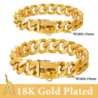 15/19mm Wide Solid Cuban Link Chain Gold Dog Chain Collar with Pendant A Strong Stainless Steel Chew Proof Collars for Large Dog