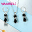 Real 925 Sterling Silver Color Jewelry Sets for Woman Girls Shining Austrian Crystal Cute Cat Pendant Necklace Huggie Earring