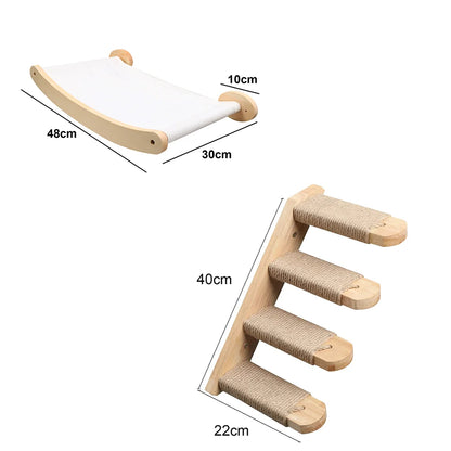 Wall Mounted Cat Furniture Cat Climbing Shelf Solid Wood Stairway with Hammock or Scratching Post for Kittens Perch and Play