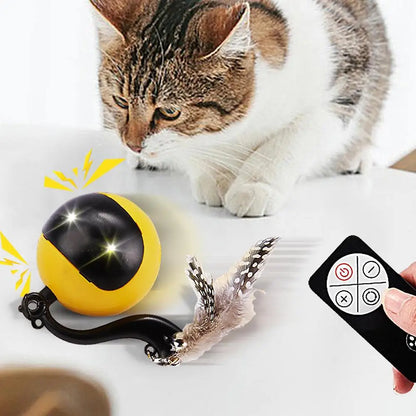 Smart Ball Cat Toy Cat Power Ball with Feather Tails Moving Cat Toy with LED Light and Sound Kitten Exercise Hunting Toys