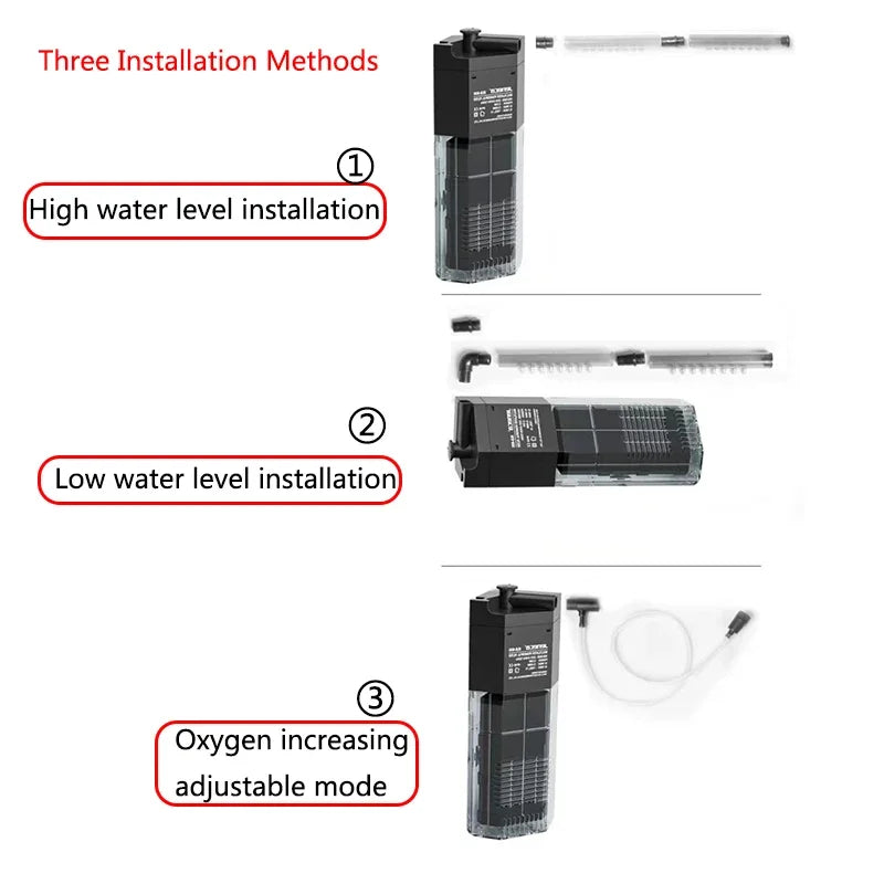 3-in-1 Internal Aquarium Filter Pump Fish Tank Submersible Silent Air Oxygen Aerator Internal Water Pump Low Water Level filter