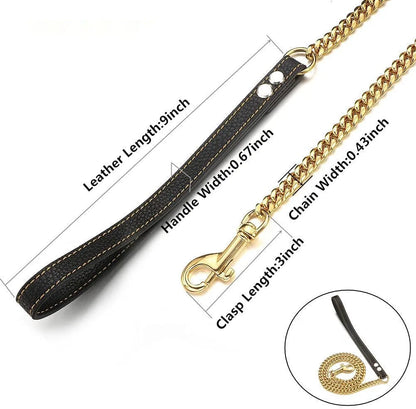 10MM Strong Stainless Steel Dog Chain Leash Heavy Duty 18K Gold Miami Cuban Link Chain with Genuine Leather Handle for Large Dog