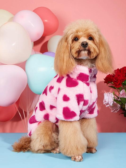 Super Soft Warm Winter Dog Jacket Hearted Print Plush Holiday Valentine's Pet Clothes Cold Weather Dog Hoodie