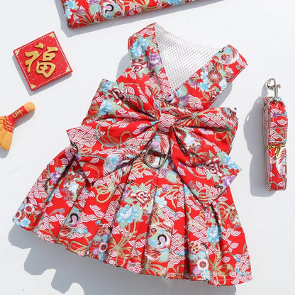 2023 New Pet Dog Harness and Leash Vest Breathable Checked Bowknot Cat Dress Teddy Bichon Dog Clothes Spring and Summer Outdoor