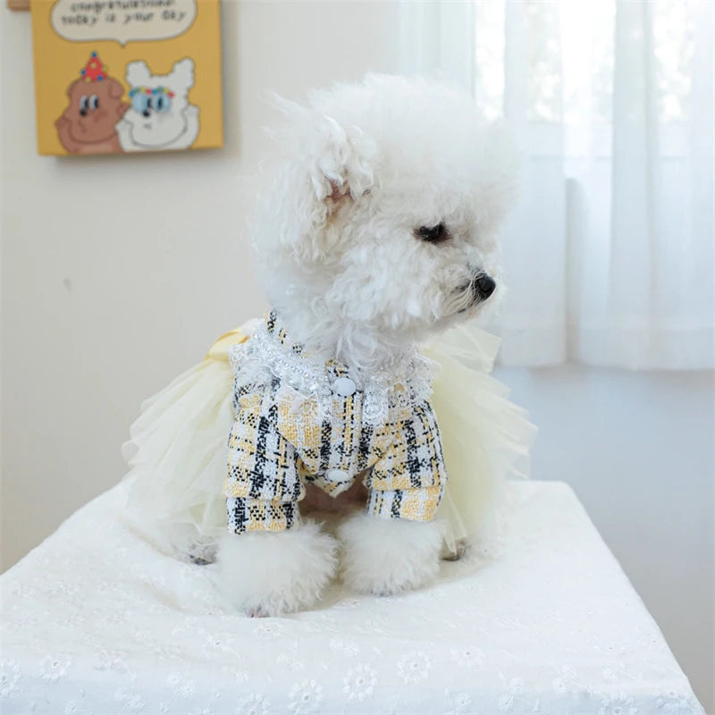 Yellow Ribbon Dresses for Dogs Sweet Dream Princess Autumn Pet Skirt French Bulldog Overalls Lattice Yellow Warm Cat Clothing