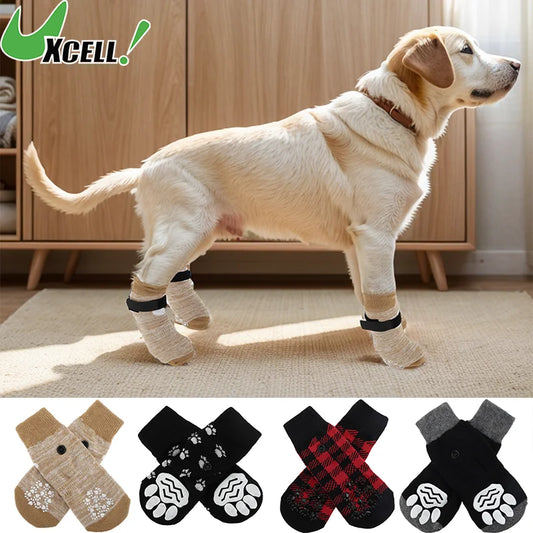4pcs Anti-Slip Dog Socks with Adjustable Sticky Tapes Pet Socks for Puppy Dog Paw Protector Indoor Wear Dog Socks