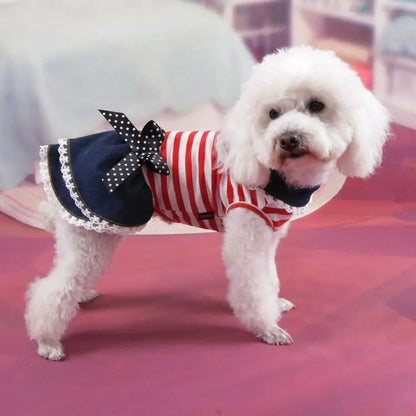 Puppy Dog Pet Stripe Costume Princess Dress Lace Pleated Lapel Stripe Bownot Princess Dress Denim Skirt XS-L Pet Supplies