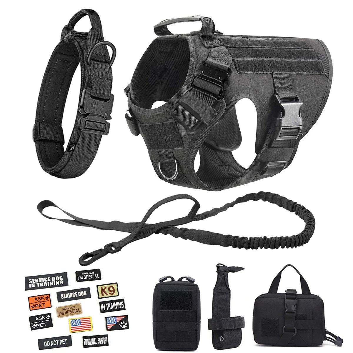 Large Dog Harness Collar Leash Molle Pouch Tactical Patches No-Pull Service Dog Harness Set for Small Medium Dog Training