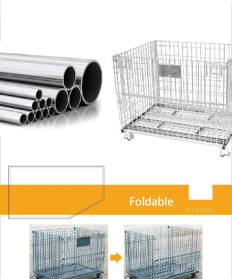 Heavy Duty Foldable Warehouse Iron Wire Cage Mesh Collapsible Container Pallet Cage Metal Collapsible Shipping Cage with Wheels