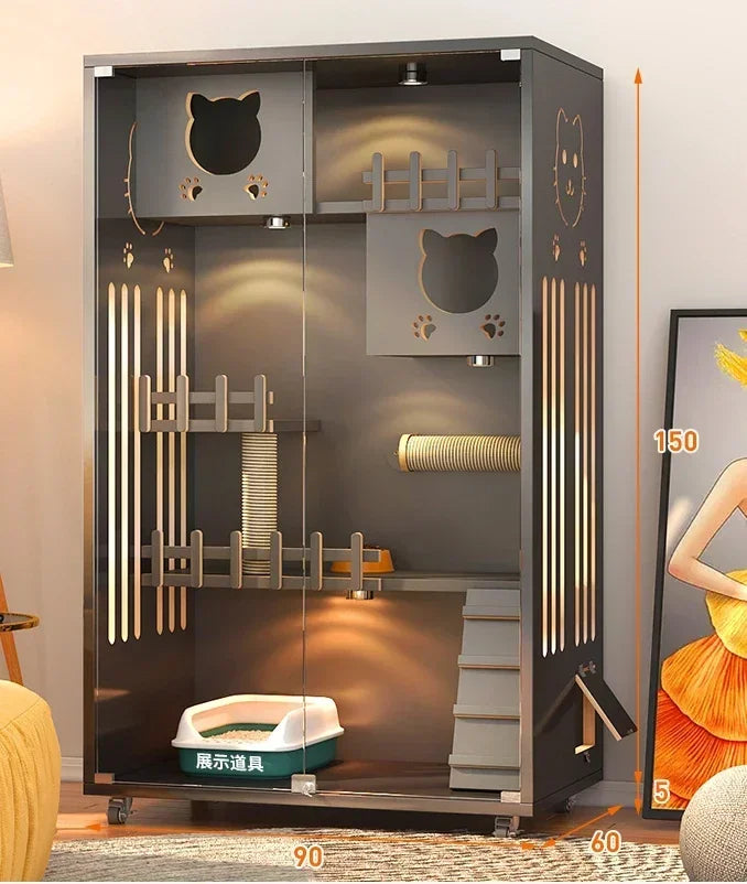 Retro Solid Wood Cat Cage for Living Room Cat House Two-layer One-piece Movable Light Luxury Creative  Cage for Cats