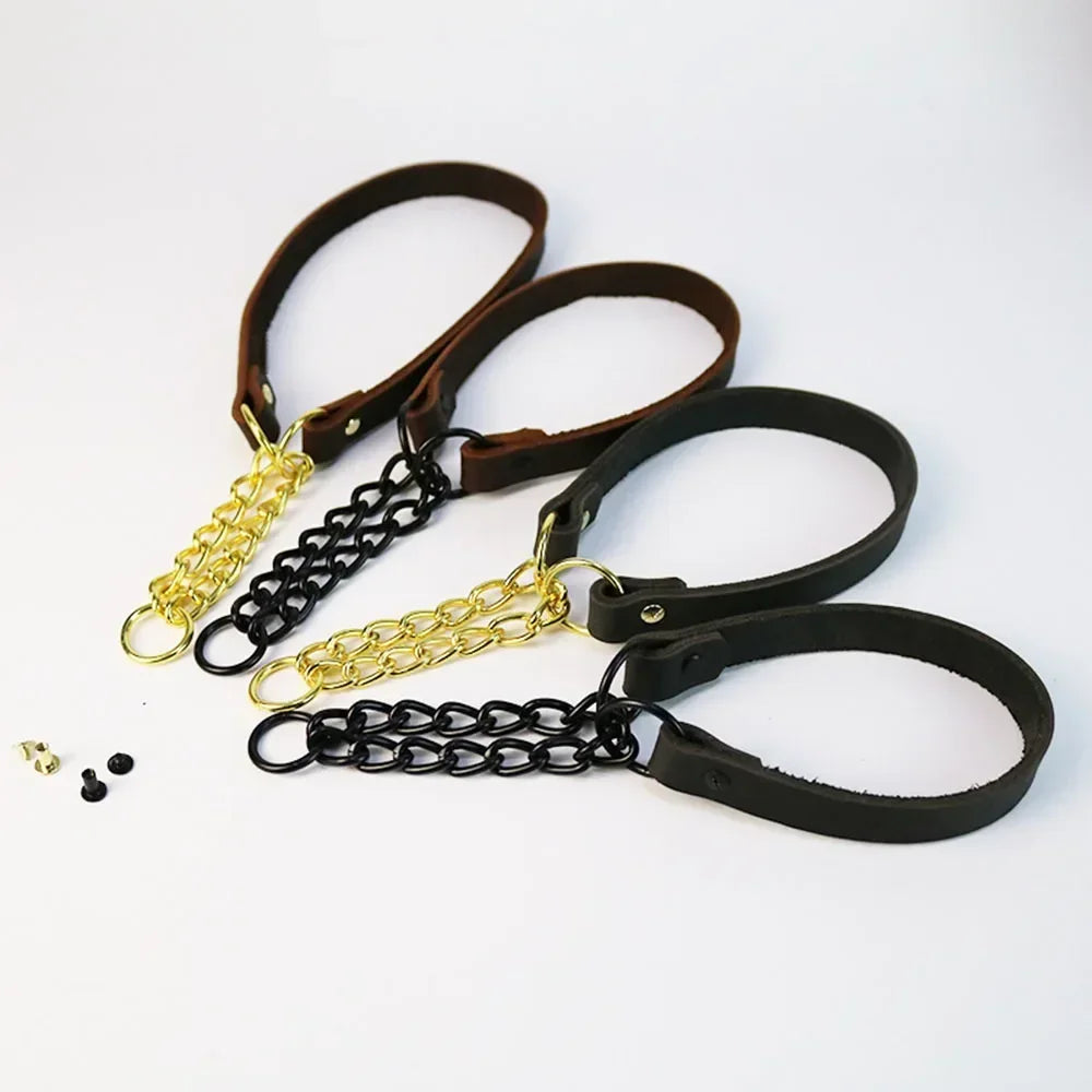 Dog Choke Collar Genuine Leather Dog Collar Dog Choking Chain Collar Stainless Steel Chain No Pull Dog Leather Training Collar
