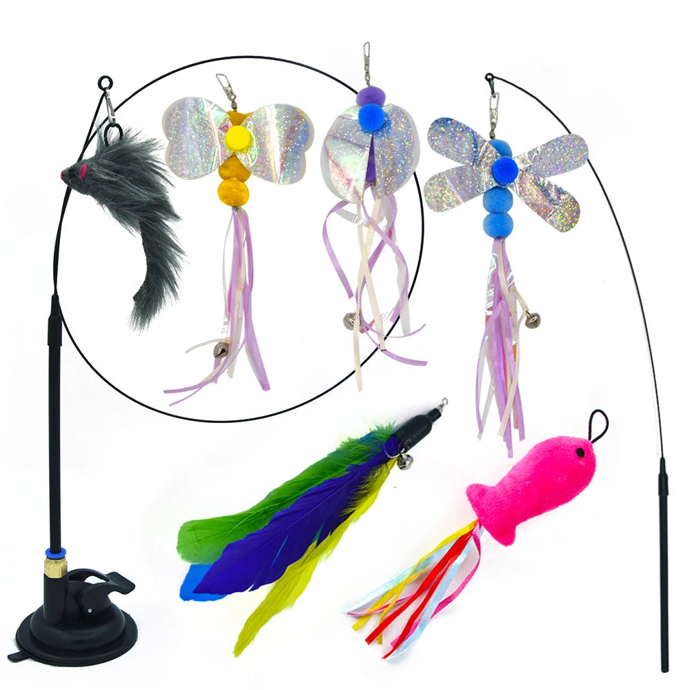Interactive Cat Toy Handfree Cat Stick Playing Kitten Playing Teaser Wand Toy Suction Cup Bird/Feather Cat Wand Toys Set