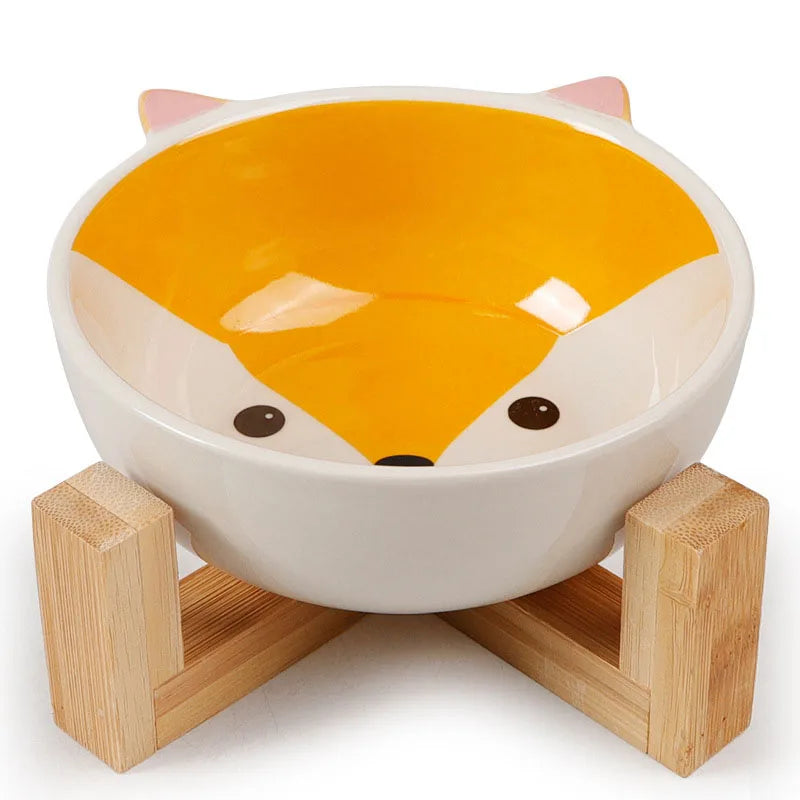 Ceramic Dog Bowl Raised Round Dog Cat Bowl No Spill Pet Dish for Food Water Feeding Cute Cartoon Printed Pet Dog Elevated Dish