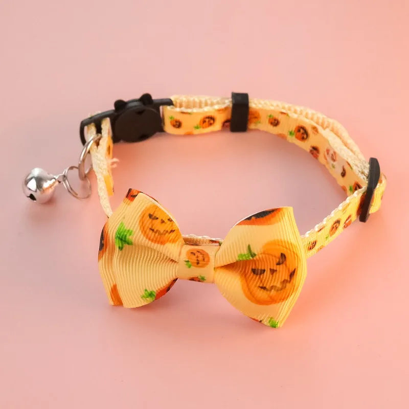 Bow Knot Halloween Pet Dog Collar Pumpkin Witch Hat Adjustable Neck Accessories for Cats Safety Buckle Decorate Pet Necklace