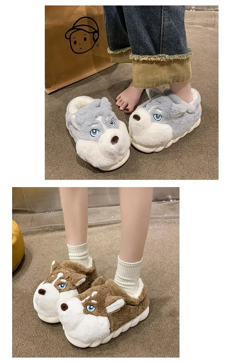 Winter Home Couple Shoes Women's Fluffy Dog Slippers Girl Animal Fur Slides Kawaii Funny Furry Shoes Woman Plush Booties Slipper