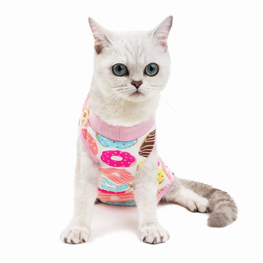 Cat Sleeveless Shirt Cat Recovery Suit Breathable E-Collar Alternative Vest for Cat Small Puppy Cute Printed Cotton Pet Clothes