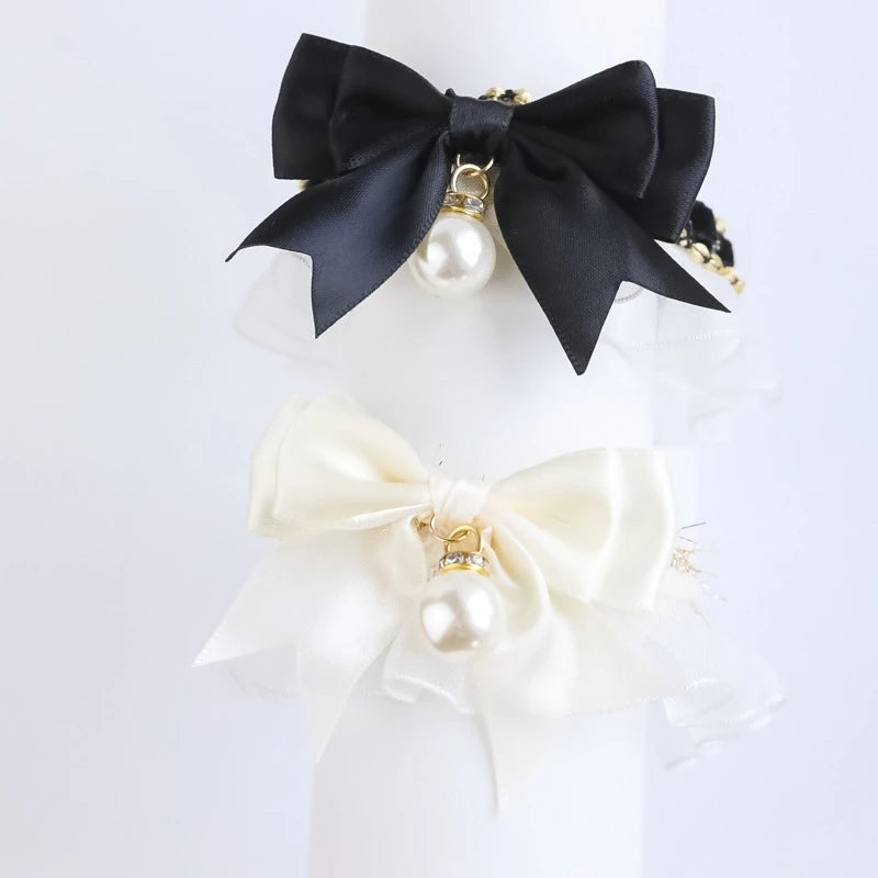 Romantic Summer Dog Collar Bow Tie Pearl Lace Party Cat Necklace for Small Puppy Luxury Designer Chihuahua Pet Neck Accessories