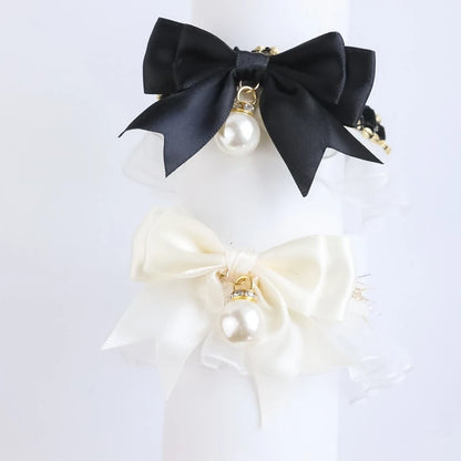 Romantic Summer Dog Collar Bow Tie Pearl Lace Party Cat Necklace for Small Puppy Luxury Designer Chihuahua Pet Neck Accessories