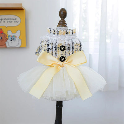Yellow Ribbon Dresses for Dogs Sweet Dream Princess Autumn Pet Skirt French Bulldog Overalls Lattice Yellow Warm Cat Clothing