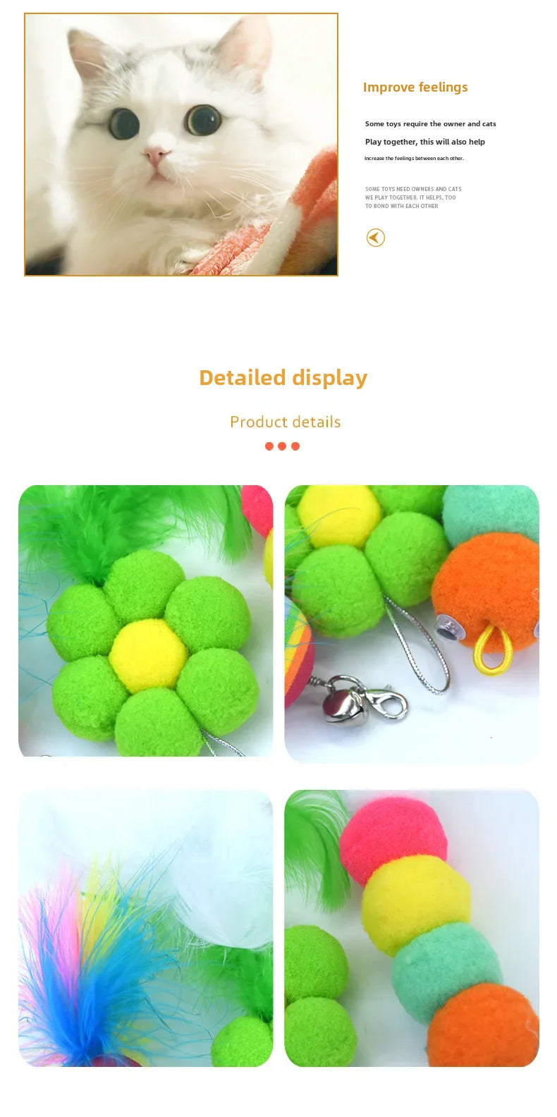 Cross-border cat teasing stick replacement head rainbow caterpillar wood teana stick cat toy funny cat bell hair ball replace...