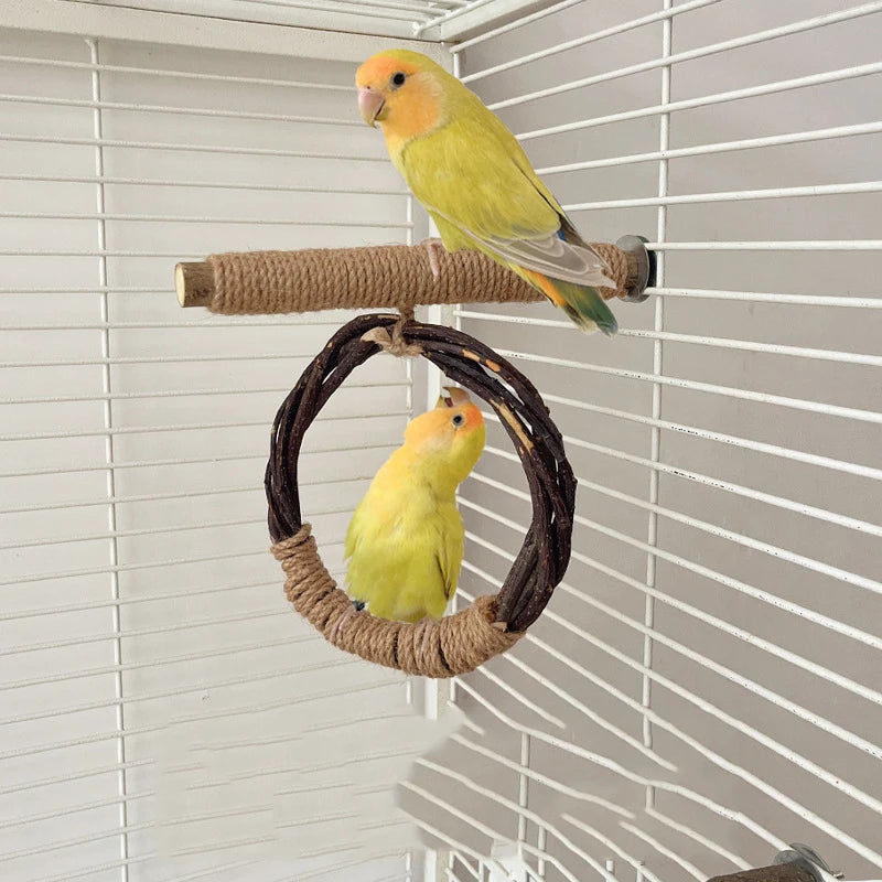 Natural Apple Tree Wood Bird Hanging ring swing Stand Pet Parakeet Budgie Hanging Play Toy Bird Cage Parrot Wooden Desk Holder