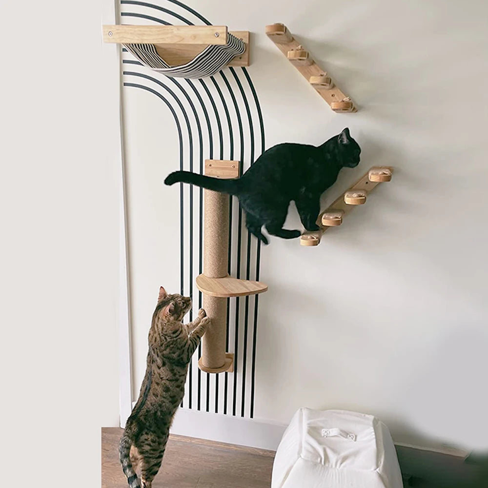Wall Mounted Climbing Shelf Cat Tree 4 Steps Stairway with Cat Hammock Scratching Post for Sleeping Playing and Grinding Claw