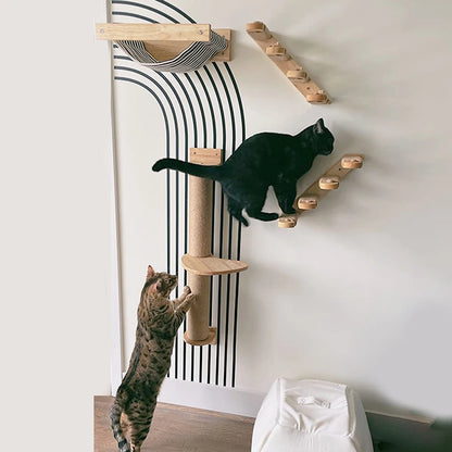 Wall Mounted Climbing Shelf Cat Tree 4 Steps Stairway with Cat Hammock Scratching Post for Sleeping Playing and Grinding Claw