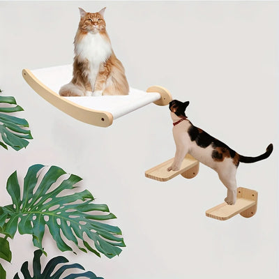 1PC Wall Mounted Cat Tree Cat Climbing Wooden Shelf Climbing Hammock Set Scratching Post and Ladder for Cats Playing&Sleeping