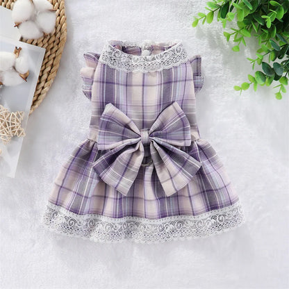 Plaid Dog Dress Bowtie Harness Dress for Small Dogs Cats Girl Cute Lace Trim Princess Dresses Spring Summer Puppy Rabbit Clothes