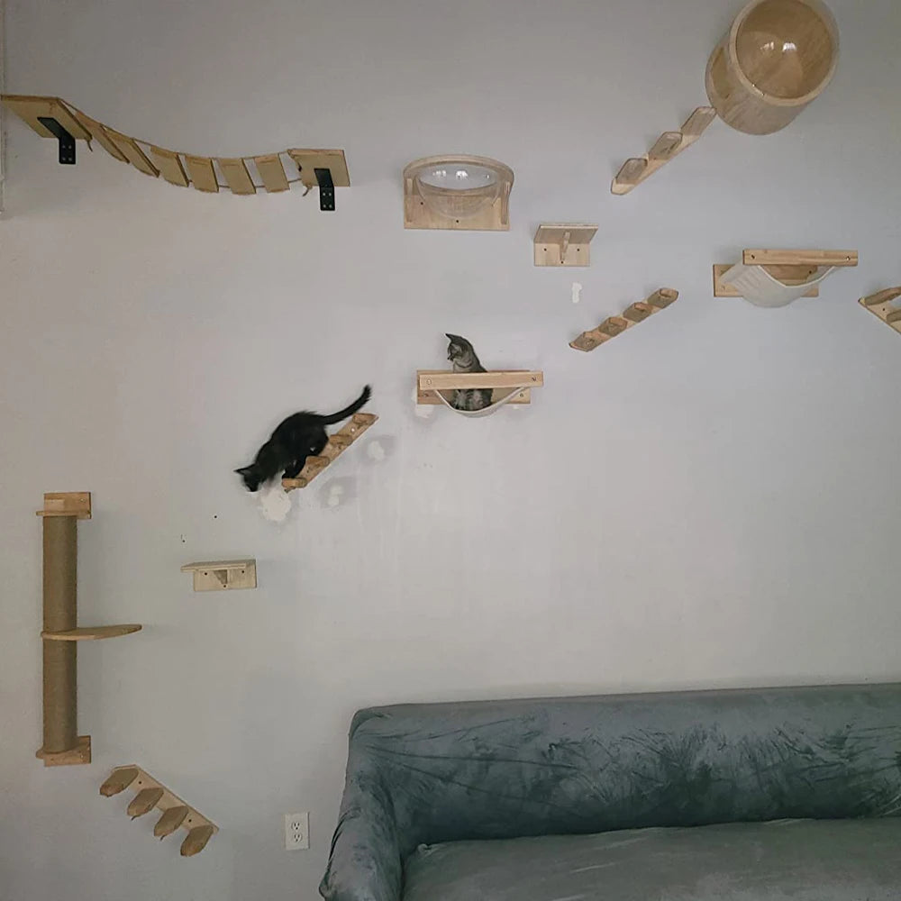 Cat Wall Furniture Wooden and Sisal Climbing Shelves Stairway and Ladder Cat Bridge Scratching Post for Grinding Claws and Rest