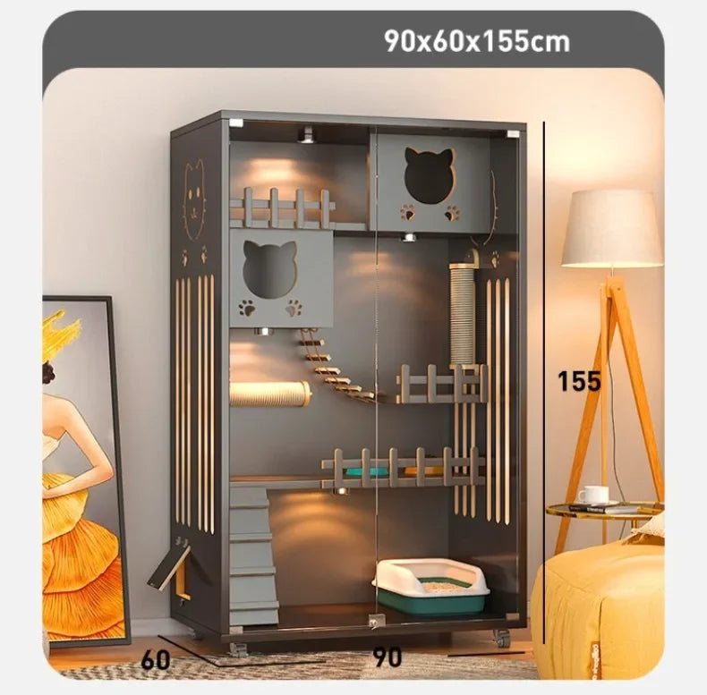 Retro Solid Wood Cat Cage for Living Room Cat House Two-layer One-piece Movable Light Luxury Creative  Cage for Cats