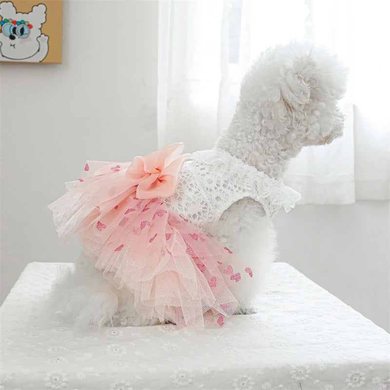 Bow Tie Female Fancy Dresses for Medium Dogs Pink Veil Romantic Heart Print Spring Puppy Tutu Skirt Lace Wedding Cat Clothing