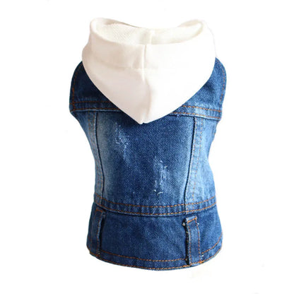 Sleeveless Denim Dog Jacket - Dark Wash, Puppy Hooded Jeans Coat Spring Summer Dog Clothes for Small Medium Dogs Bulldog Yorkie