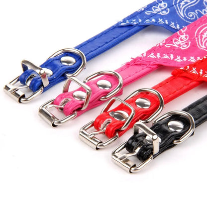 Small Dog Cat Bandana Collar Adjustable Puppy Dog Kitten Neckerchief PU Collar with Printed Triangular Scarf Pet Collar for Cat