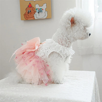 Bow Tie Female Fancy Dresses for Medium Dogs Pink Veil Romantic Heart Print Spring Puppy Tutu Skirt Lace Wedding Cat Clothing