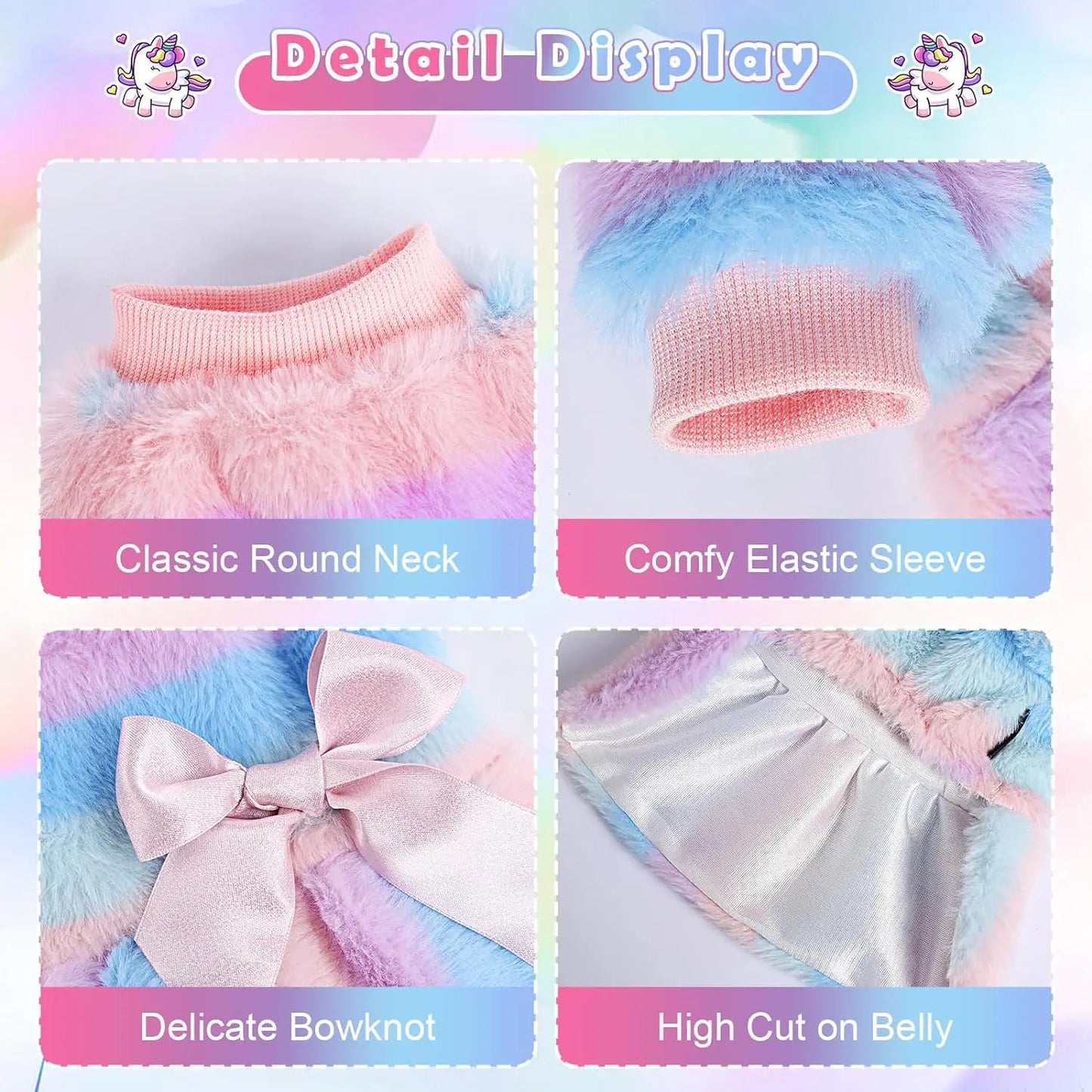 Rainbow Stripe Plush Princess Dog Dress for Small Dogs Girl Winter Puppy Cat Sweater Clothes Warm Fleece Pet Dress Bowknot Skirt