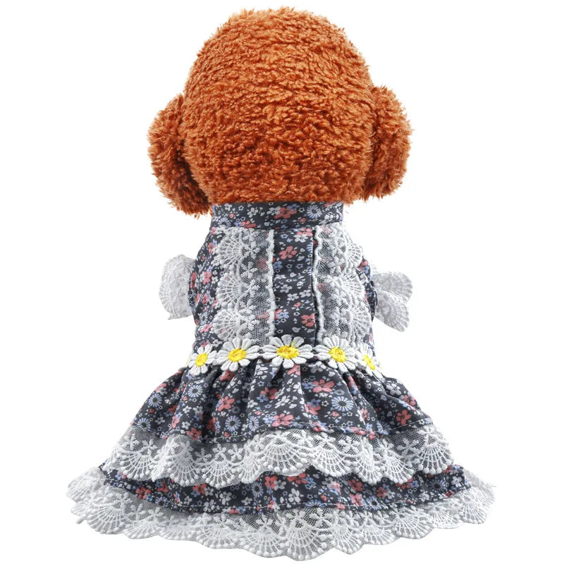 Floral Summer Clothes for Small Dogs Short Sleeve Lace Pink Sphinx Cat Dresses Princess Party Wear Breathable Pet Clothing