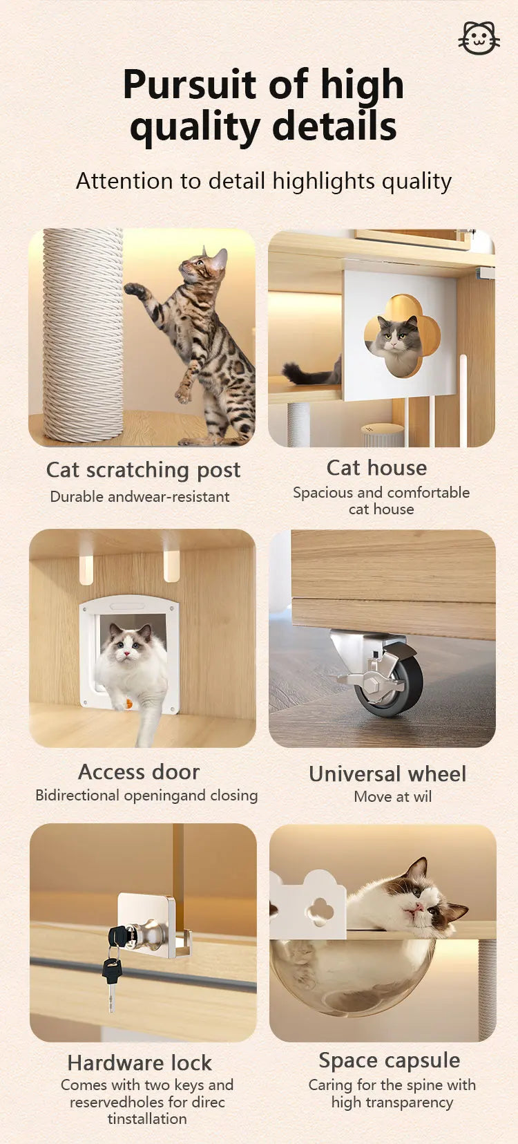 Excellent Quality Pet Furniture with Wheels Movable Animal Cages Cat Villa Fashion Wooden Dog House